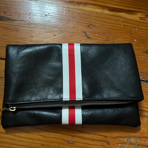 Handbags - Black Leather Clutch with Red Stripe
